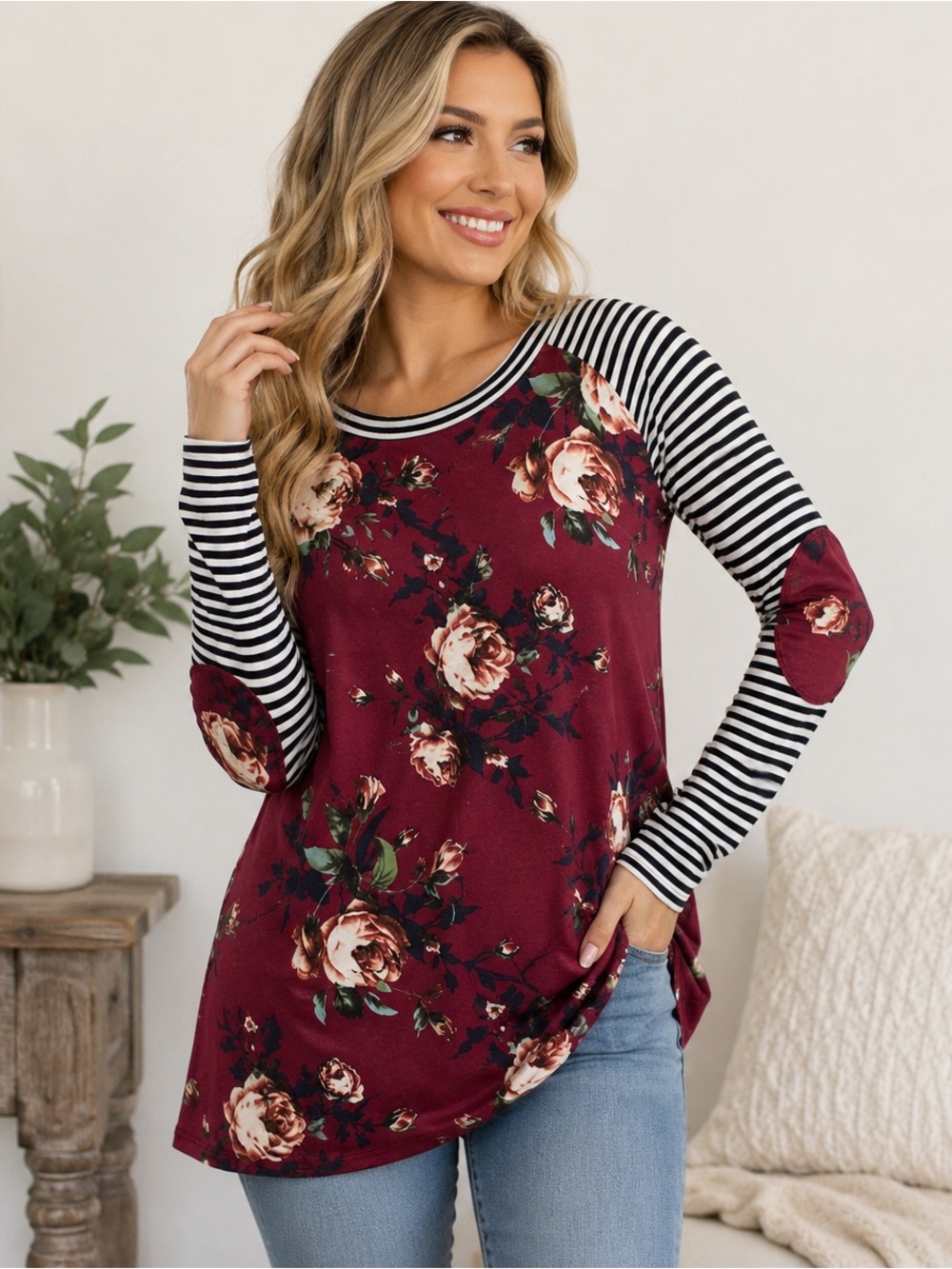 My Story Women’s Large Burgundy Floral Striped Long Sleeve Tunic Top Elbow Patch